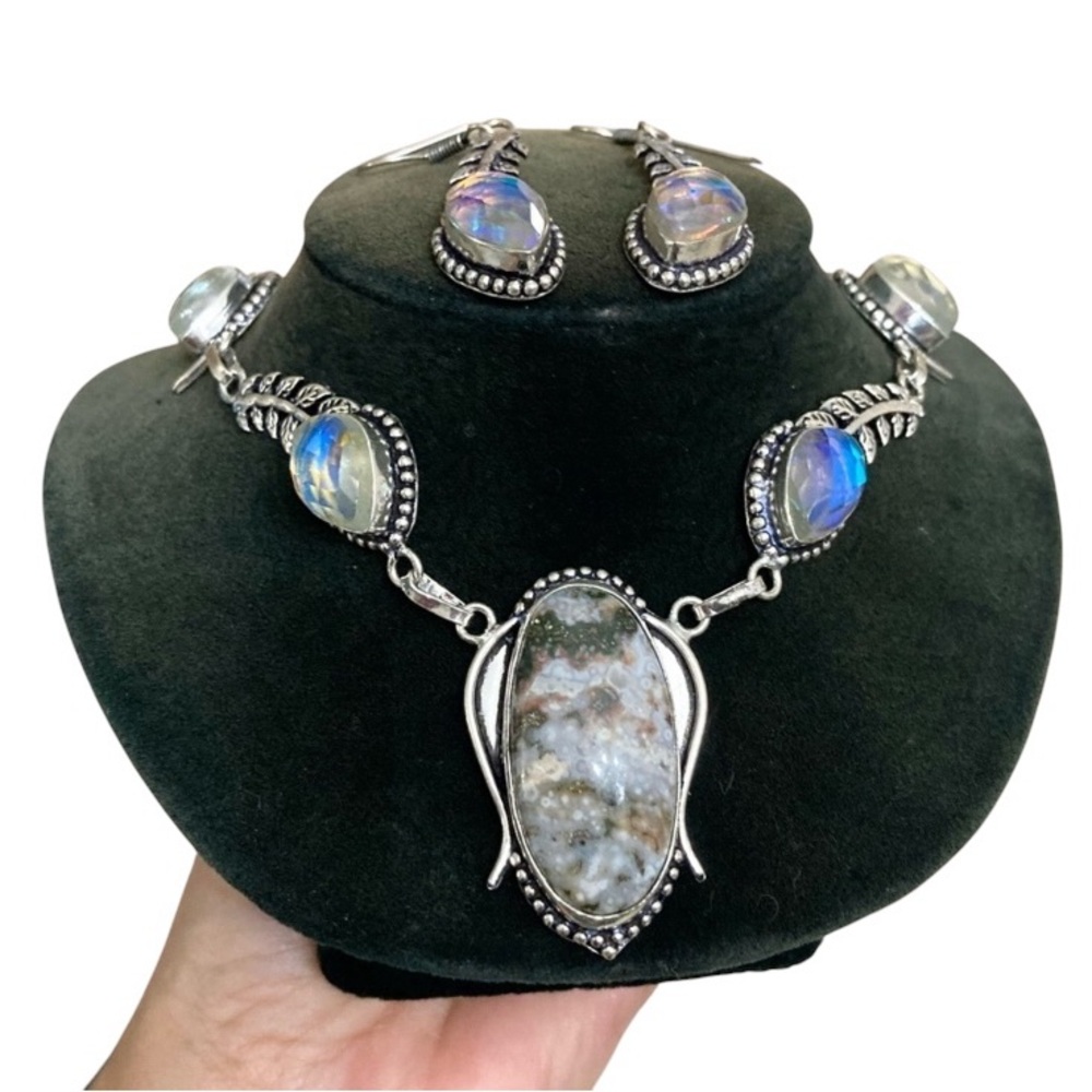 Ocean jasper iridescent opalite stones boho leaf design set necklace + earrings - Picture 15 of 16